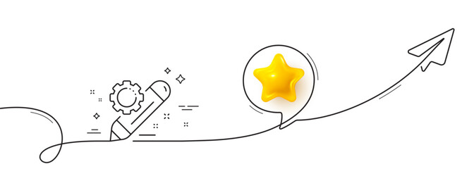 Project edit line icon. Continuous line with share plane. Settings management sign. Pencil symbol. 3d star in speech bubble. Project edit single line ribbon. Loop curve pattern. Vector