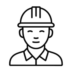 Thin black vector icon of a worker wearing a safety helmet, symbolizing protection, construction safety, and responsible industrial work.