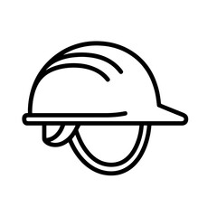 Thin black vector icon of a safety helmet with strap, symbolizing construction safety, protection, and workplace reliability.