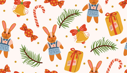 Cute flat cartoon Christmas pattern with plush bunny, gift, candy cane, bell, fir branch, and dots on beige background. Perfect for holiday design, wrapping, card, textile, and festive art.