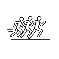Thin black vector icon of three runners in motion, symbolizing teamwork, race intensity, and dynamic energy in marathon or sprint events.