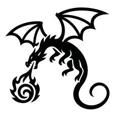 Minimal black flying dragon vector showing wings, flames, and strength, representing fantasy energy, mythology, and adventure themes.