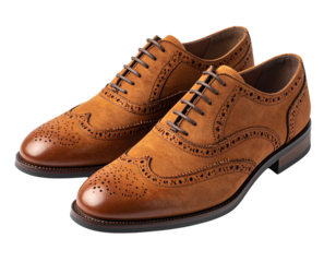Tan suede brogue shoes isolated on transparent background, perforated