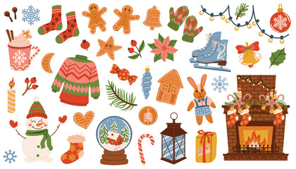 Festive Christmas set with fir branch, toy, hot chocolate, candy cane, gingerbread, snowman, skate, snow globe, and fireplace. Cozy winter holiday mood in flat cartoon style for decoration.