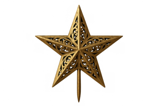 Golden filigree christmas star tree topper ornament, shiny holiday celebration decoration, transparent background