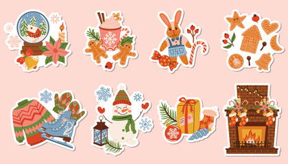 Fototapeta premium Cute Christmas sticker set of hygge compositions with fir branch, cocoa, candy cane, gingerbread, snowman, skate, snow globe, and fireplace. Cozy holiday mood in flat cartoon illustration style.
