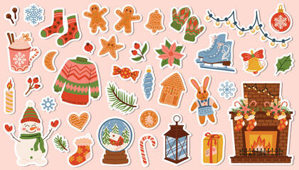Christmas sticker set with cozy elements like fir branch, toy, cocoa, candy cane, gingerbread, snowman, skate, snow globe, and fireplace. Warm festive winter decoration in flat cartoon style.