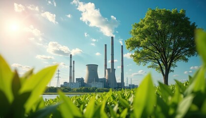 Obraz premium Modern power plant surrounded by green foliage on a sunny day. Clean energy concept with eco power for sustainable future. Factory smokestacks against blue sky with clouds. Renewable energy sources.