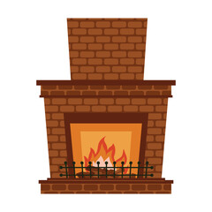 Cozy brick fireplace with burning fire in flat cartoon style. Warm holiday atmosphere illustration perfect for Christmas decor, greeting cards, posters, and winter home design projects.