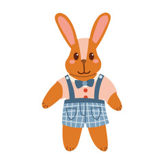 Cute plush bunny with a bow tie, dressed in a T-shirt and blue plaid pants, drawn in flat cartoon style. Adorable soft toy character perfect for kids design, stickers, prints, and holiday decor.