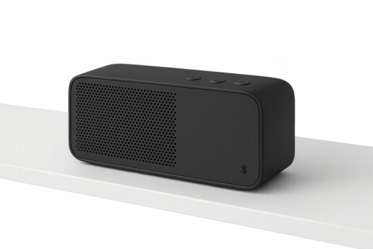 Black portable wireless bluetooth speaker on a white shelf, providing audio playback and wireless music technology, transparent background