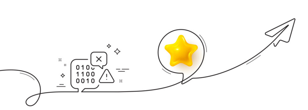Binary code line icon. Continuous line with share plane. Ransomware threat sign. Cyber attack symbol. 3d star in speech bubble. Binary code single line ribbon. Loop curve pattern. Vector