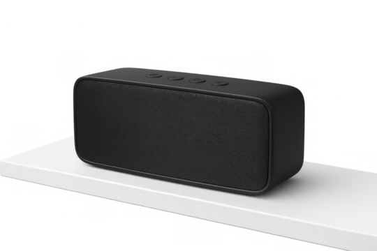 Black portable wireless bluetooth speaker playing music, audio, sound, and technology device on transparent background