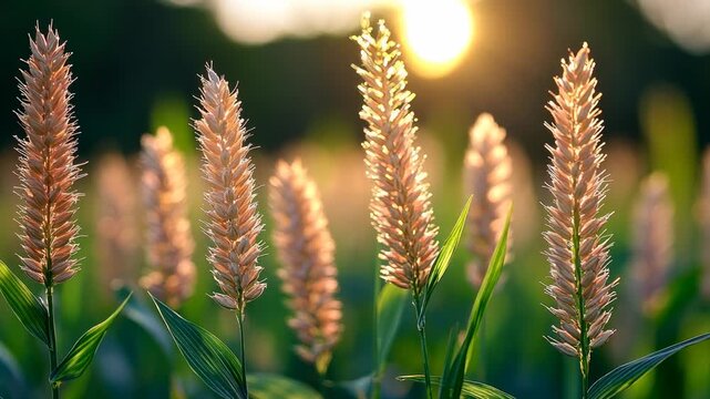 Golden Hour Sunlight Illuminating a Lush Grain Field at Sunset with Flare