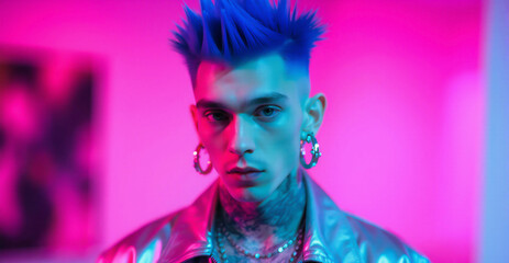 A young man with vibrant blue spiked hair, ear gauges, and neck tattoos is illuminated by glowing pink and blue neon lights in a futuristic setting.