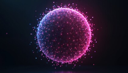 Futuristic sphere made of glowing particles. Abstract digital rendering of global network big data structure. Pink blue tech ball represents science innovation. Cyber molecule, atom, connection globe