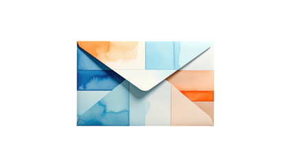 Watercolor envelope blue and orange shades blending in square patterns, isolated against a stark black background