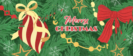 Merry Christmas, Happy New Year poster. Trendy banner with pine branches, red coquette ribbon bow, golden garland on textured background. Xmas Contemporary minimalist card, cover, social media. 