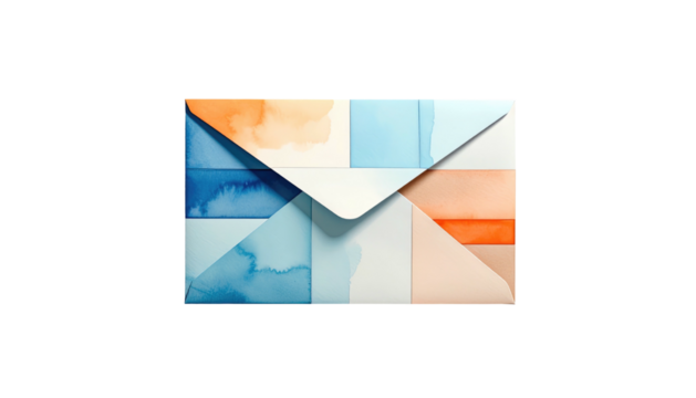 Watercolor envelope blue and orange shades blending in square patterns, isolated against a stark black background