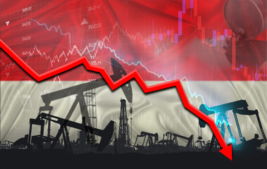 Crude crisis with Indonesian flag on financial graph. Fall oil price with flag of Indonesia on economic chart