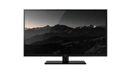 A flat screen displays a mountainous landscape scene with dark tones, resting on a shiny base, against a black background