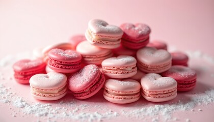 Pile of pink heart shape macarons dusted with powdered sugar. Delicious sweet cookies with cream filling displayed on pastel background. Perfect for Valentine celebration and dessert promotion.