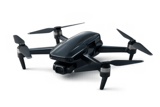 Modern quadcopter drone with camera, representing cutting-edge technology for aerial photography, monitoring, and remote sensing. Transparent background