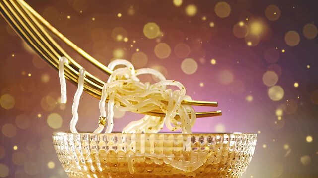 Gleaming Golden Hanging Basket with Delicate Noodles Against a Soft Purple Bokeh Background