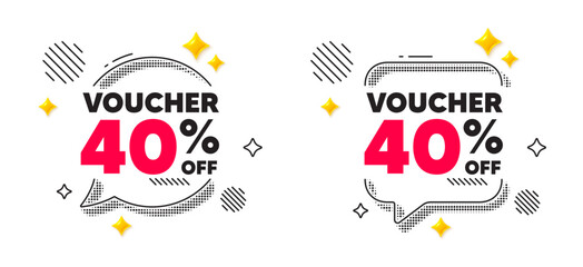 Naklejka premium Coupon chat speech bubble. Social media concept. Voucher 40 percent off sale. Special offer coupon sign. Black friday discount symbol. 3d flare stars chat bubble. Vector
