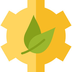 Yellow Gear Icon With Two Green Leaves Represents Eco Friendly Industry And Green Technology In Flat Design Style On Transparent Background