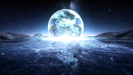 Glowing Blue Planet Rising Over Icy Reflective Ocean Under Starry Night Sky - Powered by Adobe