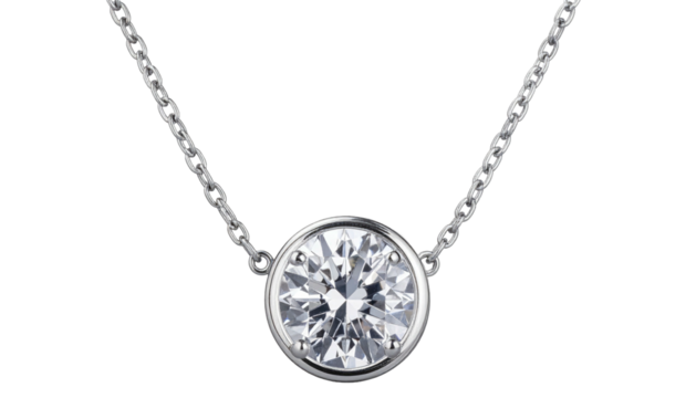 A shimmering diamond pendant hangs from a silver chain against a dark background, radiating elegance and luxury
