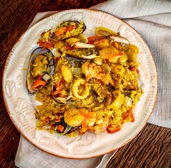Traditional and Delicious Seafood Paella with Mussels, Shrimp, and Calamari	
