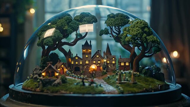 Glowing Winter Village Inside a Crystal Glass Snow Globe with Tiny Lights