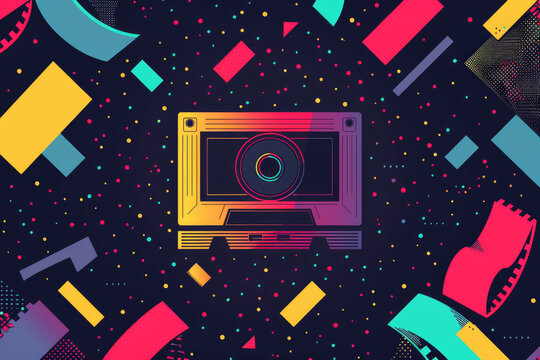 Retro cassette tape with vibrant neon colors and geometric abstract background