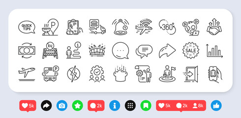Grill place, Quickstart guide and Airplane wifi line icons pack. Social media: share, comment, like icons. Teamwork, Food delivery, 360 degree web icon. Vector