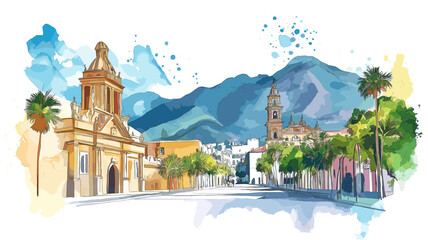 Obraz premium Santiago ? Cerro San Cristobal & Plaza de Armas. Santiago ? Cerro San Cristobal & Plaza de Armas hand drawn watercolor illustration