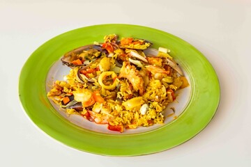 Traditional and Delicious Seafood Paella with Mussels, Shrimp, and Calamari	