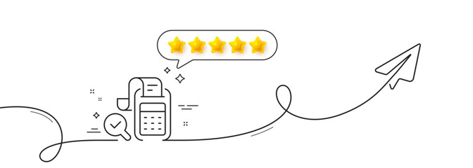 Bill Accounting line icon. Continuous line with share plane. Business audit sign. Check finance symbol. Five star rate review in speech bubble. Bill accounting single line ribbon. Vector