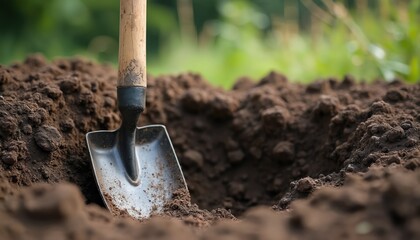 Shovel pierces dark soil beside freshly dug pit. Ground prepared for planting or construction project. Gardening tool rests on earth mound. Outdoors work.