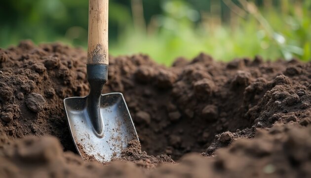 Shovel pierces dark soil beside freshly dug pit. Ground prepared for planting or construction project. Gardening tool rests on earth mound. Outdoors work.