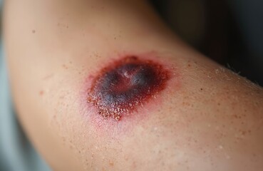 Fototapeta premium Close up of a dark irregular mole on a persons arm indicating potential skin cancer. Medical check needed for abnormal growth. Early detection is vital for treatment. Health awareness photo.
