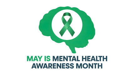Green awareness ribbon inside a brain silhouette representing mental health awareness month isolated on transparent background