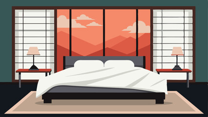 A bedroom with a low platform bed made up with crisp white linens and accented with a black and white patterned throw. A Japanese shoji screen serves as a headboard adding a touch