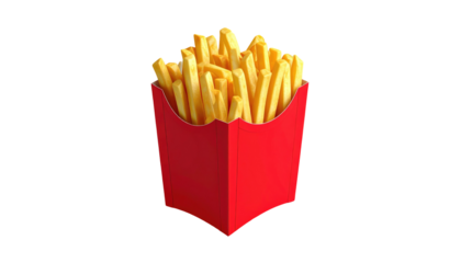 Golden French fries spill from a red cardboard container against a black background. Warm, tempting, and delicious