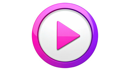 Glossy play button pink triangle, white center, purple gradient rim, on a black backdrop. Simple and modern
