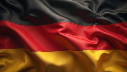 Obraz premium Close photo of German flag in motion. Waving fabric with black red and yellow colors. National symbol of Germany on wind. Detailed photo of textile.
