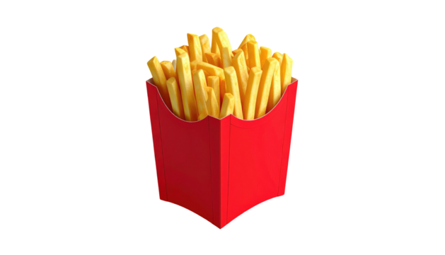Golden French fries spill from a red cardboard container against a black background. Warm, tempting, and delicious
