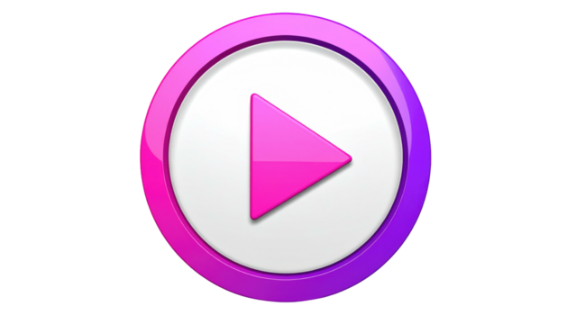 Glossy play button pink triangle, white center, purple gradient rim, on a black backdrop. Simple and modern