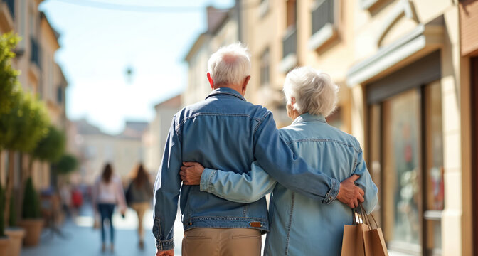 Elderly couple walks arm in arm down a city street, carrying shopping bags. They enjoy a romantic stroll, a retired husband and wife together.
